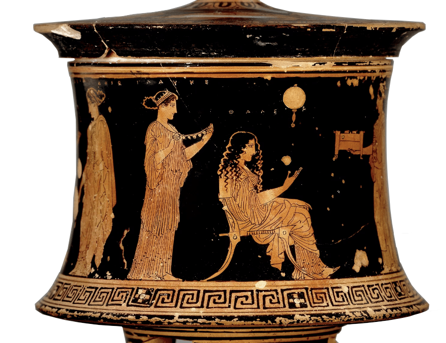 British M. 431318001 Pyxis. Woman having hair attended to nmk2