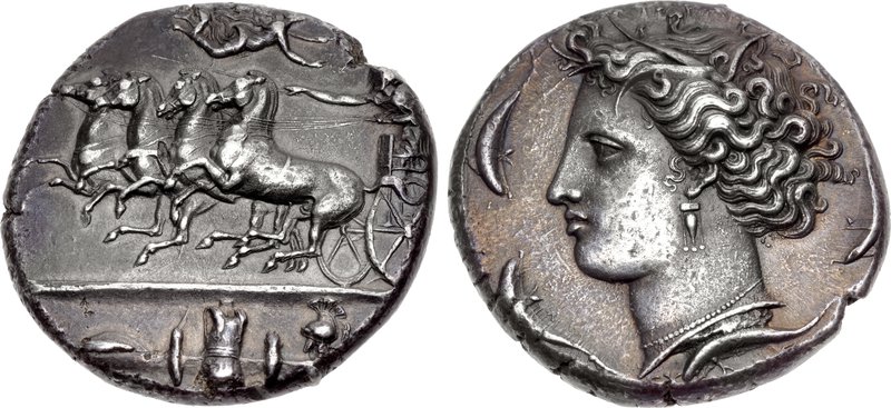 Dionysios I dekadrachm ca. 397. Obv. Nike crowns charioteer. Rev. Arethusa