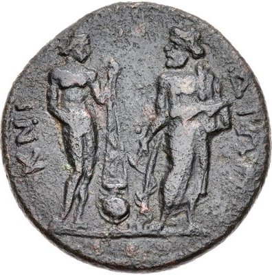 Knidos coin 202 11. rev. Praxiteles Aphrodite facing Asklepios