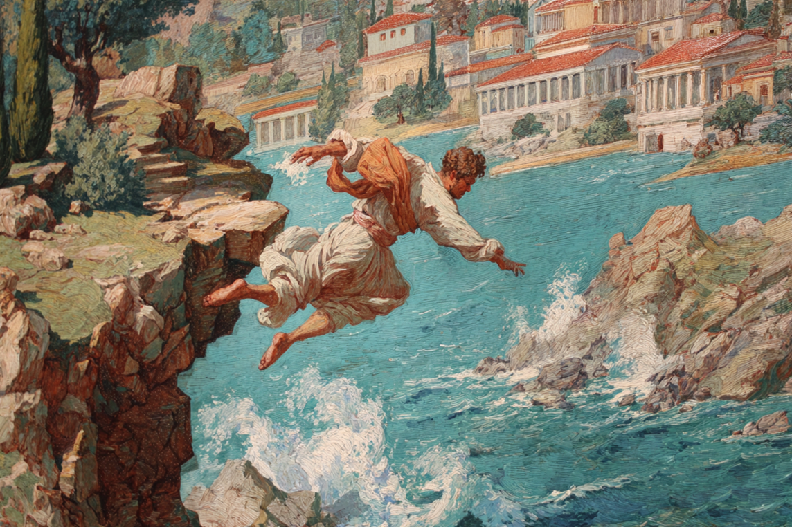 Knidos. Man jumping off cliff d1