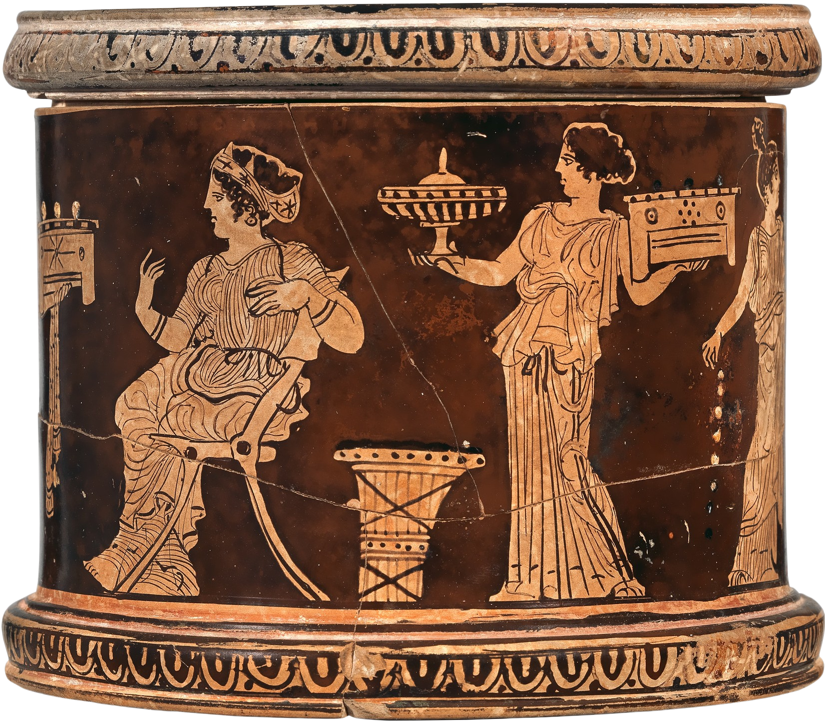 New York. Metropolitan M. 248178. Pyxis showing attendants bringing a woman her toilette ca. 415 nbkg