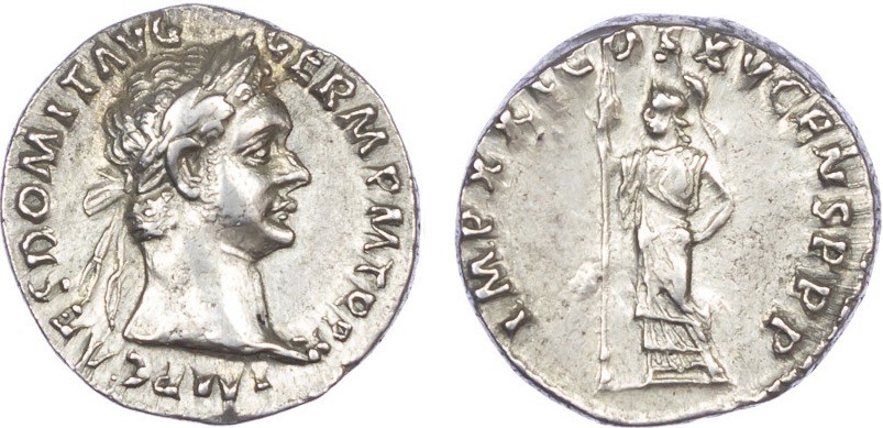 Domitian on obv. denarius 90 91 Minerva holding spear on rev