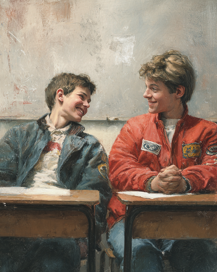 14s w. badges in French classroom 1980 d1