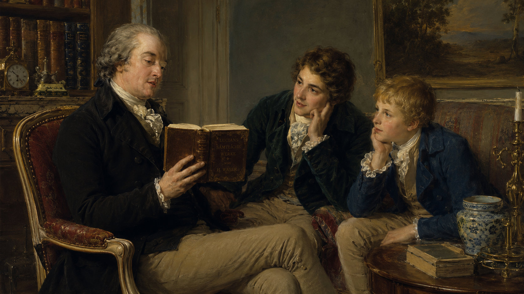 Friedel. Gent. reading Lucian to youth  boy 1780