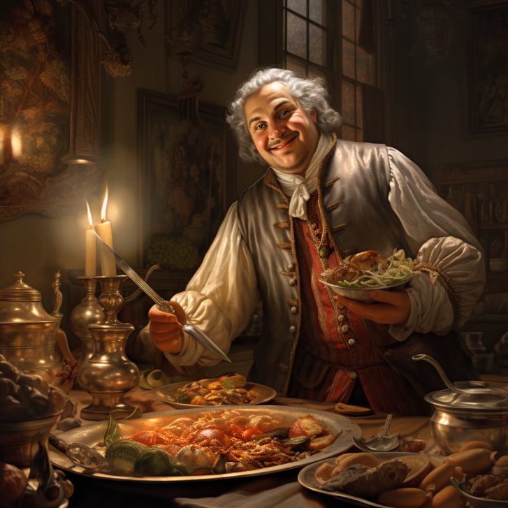 Spanish noble eating dinner in inn 1750 d1