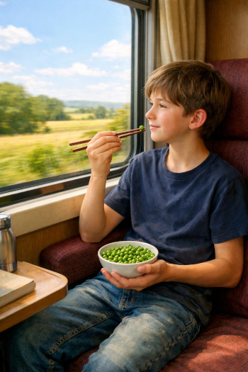 04 Boy eating peas on train